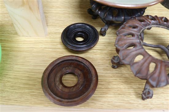 Three Chinese hardwood stands and three bowls